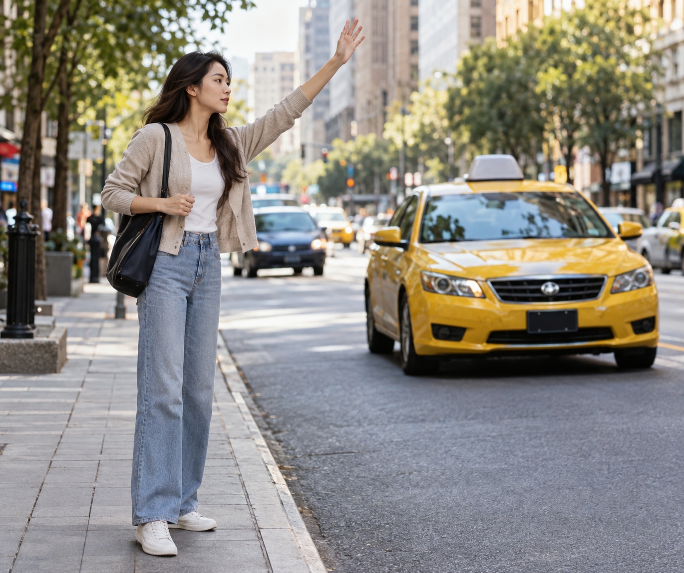 角色参考图像:街边抬手的女性