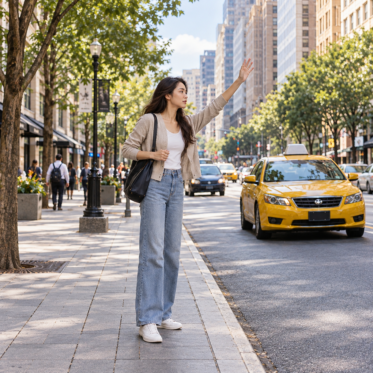 角色参考图像：街边抬手的女性